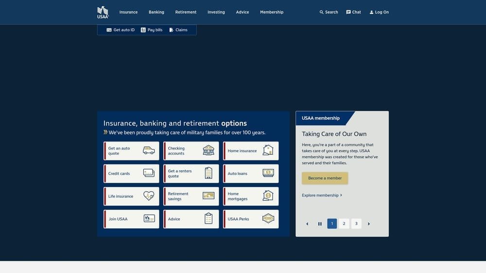 Screenshot of USAA website